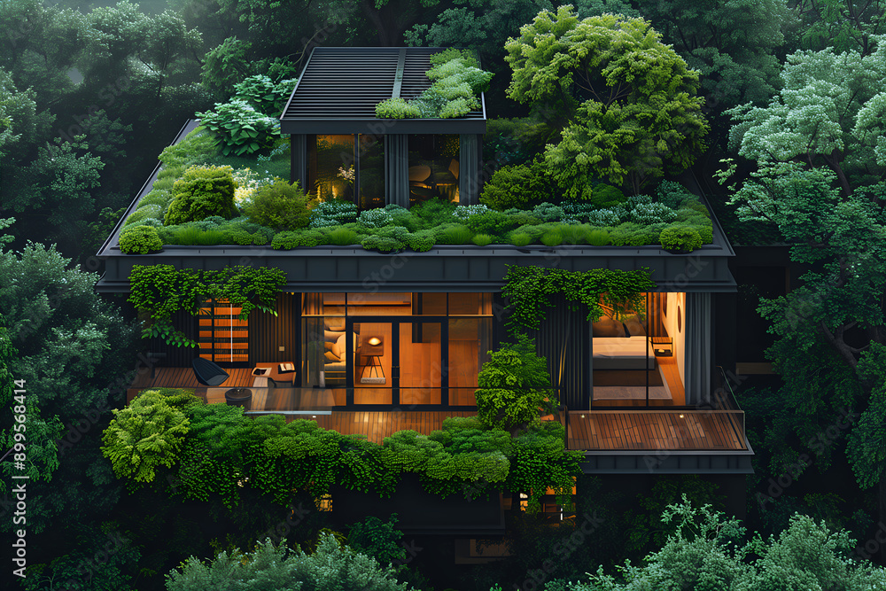 Modern eco villa surrounded by green gardens, trees and lush bushes on roof and verandah, house uses environmentally eco friendly green energy. Ecology concept, eco friendly architecture Modern eco villa surrounded by green gardens, trees and lush bushes on roof and verandah, house uses environmentally eco friendly green energy. Ecology concept, eco friendly architecture