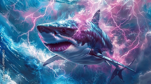 a shark painting with a light blue and pink electricity effect background, 