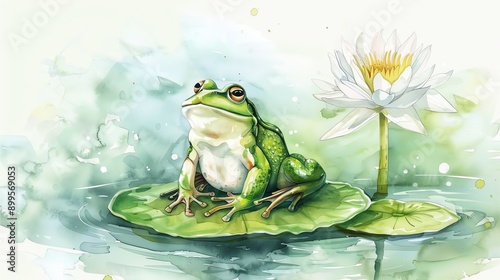 A close-up of a frog on a leaf in a pond, showcasing its vibrant green color and detailed eyes photo