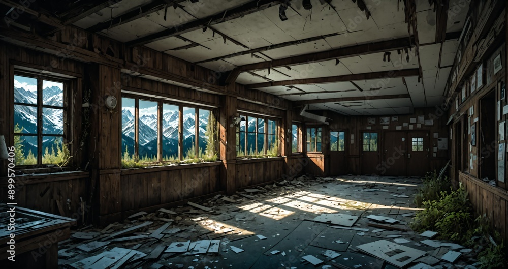 abandoned resort building interior in a mountain valley with mountains and pine trees in spring. ransacked log cabin lodge ruins. abandoned resort building interior in a mountain valley with mountains and pine trees in spring. ransacked log cabin lodge ruins.