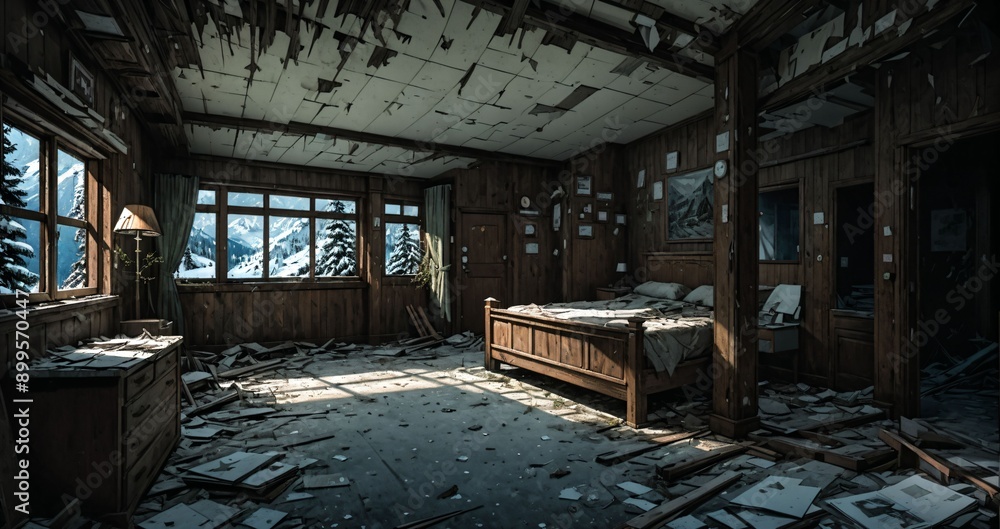 abandoned resort building interior in a mountain valley with mountains and pine trees in spring. ransacked log cabin lodge ruins. abandoned resort building interior in a mountain valley with mountains and pine trees in spring. ransacked log cabin lodge ruins.