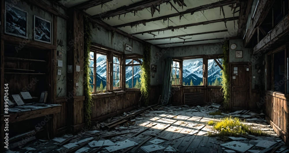 abandoned resort building interior in a mountain valley with mountains and pine trees in spring. ransacked log cabin lodge ruins. abandoned resort building interior in a mountain valley with mountains and pine trees in spring. ransacked log cabin lodge ruins.