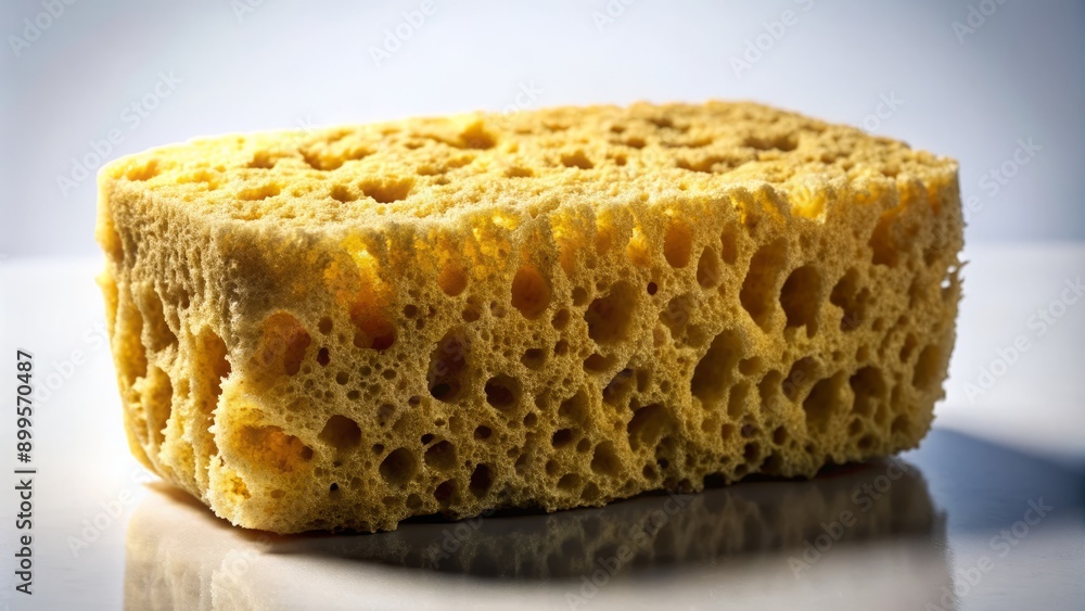 Dirty, worn-out sponge's rough, porous texture is accentuated against a pristine white background under intense lighting, amplifying its grimy, shadowy, monochromatic presence.