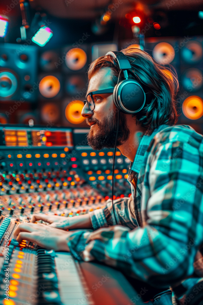 A man wearing glasses and headphones is sitting in front of a sound board A man wearing glasses and headphones is sitting in front of a sound board