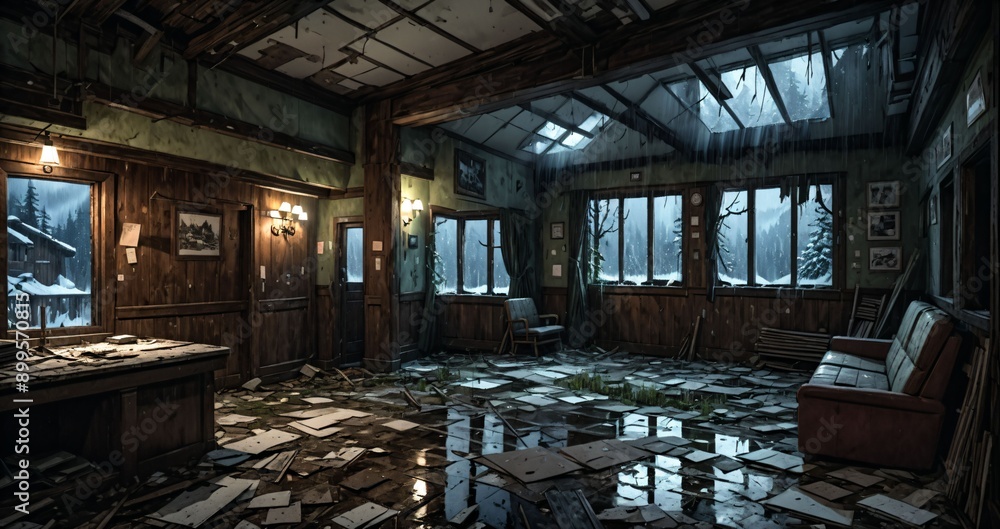 abandoned interior of cabin ski lodge resort in the forest wilderness mountains in the snow. deserted ransacked wooden log cottage in arctic tundra. abandoned interior of cabin ski lodge resort in the forest wilderness mountains in the snow. deserted ransacked wooden log cottage in arctic tundra.
