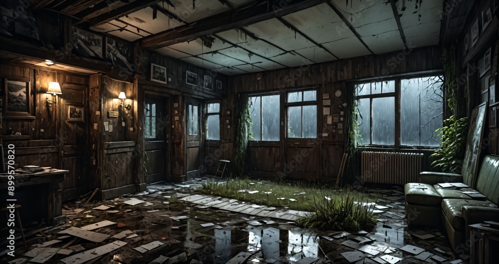abandoned interior of cabin ski lodge resort in the forest wilderness mountains in the snow. deserted ransacked wooden log cottage in arctic tundra. abandoned interior of cabin ski lodge resort in the forest wilderness mountains in the snow. deserted ransacked wooden log cottage in arctic tundra.