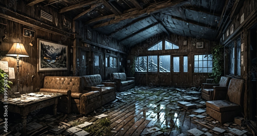 abandoned interior of cabin ski lodge resort in the forest wilderness mountains in the snow. deserted ransacked wooden log cottage in arctic tundra. abandoned interior of cabin ski lodge resort in the forest wilderness mountains in the snow. deserted ransacked wooden log cottage in arctic tundra.