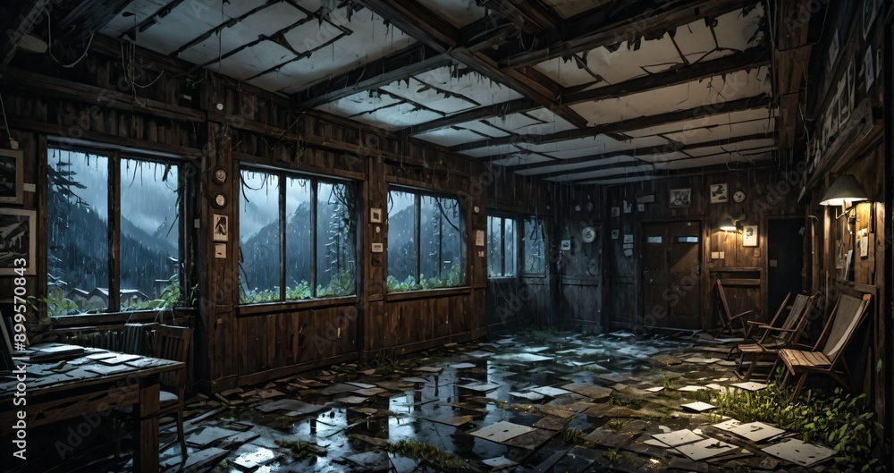 abandoned interior of cabin ski lodge resort in the forest wilderness mountains in the snow. deserted ransacked wooden log cottage in arctic tundra. abandoned interior of cabin ski lodge resort in the forest wilderness mountains in the snow. deserted ransacked wooden log cottage in arctic tundra.