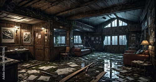 abandoned interior of cabin ski lodge resort in the forest wilderness mountains in the snow. deserted ransacked wooden log cottage in arctic tundra. © Shane Sparrow