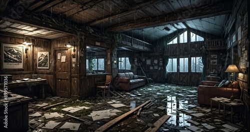 abandoned interior of cabin ski lodge resort in the forest wilderness mountains in the snow. deserted ransacked wooden log cottage in arctic tundra.