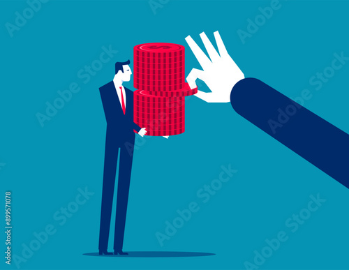 Big hand from the merchant holding a pile of coins inside a part of the coins