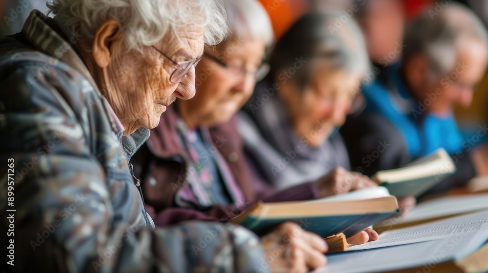 A group of elderly people are focused on studying foreign languages using textbooks and dictionaries in a cozy community center during an evening class. Generative AI A group of elderly people are focused on studying foreign languages using textbooks and dictionaries in a cozy community center during an evening class. Generative AI