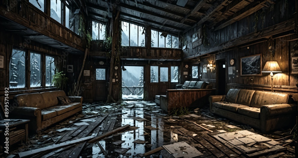 abandoned interior of cabin ski lodge resort in the forest wilderness mountains in the snow. deserted ransacked wooden log cottage in arctic tundra. abandoned interior of cabin ski lodge resort in the forest wilderness mountains in the snow. deserted ransacked wooden log cottage in arctic tundra.