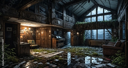 abandoned interior of cabin ski lodge resort in the forest wilderness mountains in the snow. deserted ransacked wooden log cottage in arctic tundra. © Shane Sparrow