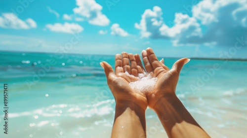 Against a backdrop of blue sky and sea, female hands