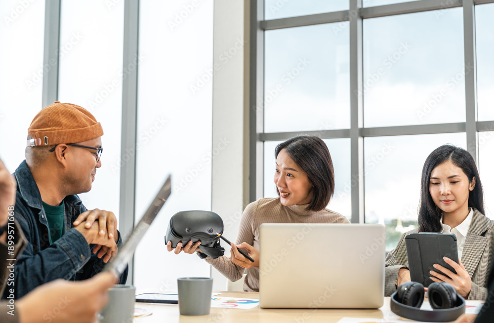 Fototapeta premium Asian business start up freelance people team analyzing statistics financial. Group Team of businesspeople man and woman Meeting Conference Discussion various topic Corporate Concept in office.