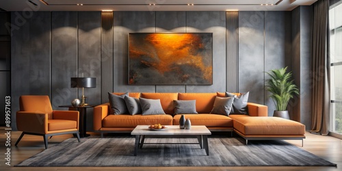 Sleek orange accents and dark gray tones define this minimalist living room, featuring a luxurious table, abstract art, and a plush sofa, exuding elegance and sophistication. photo