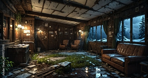 abandoned old ski lodge resort interior cabin in the forest snowy mountains in winter with snow on pine trees. ransacked arctic wooden log cottage house. 