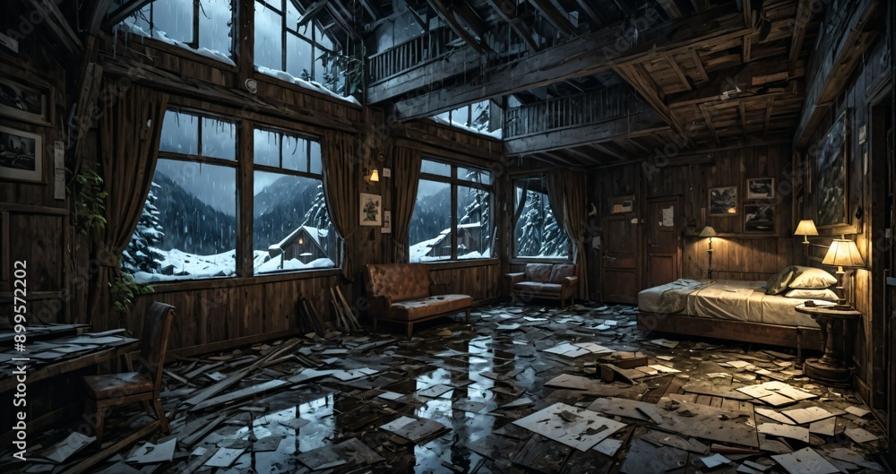 Fototapeta premium abandoned old ski lodge resort interior cabin in the forest snowy mountains in winter with snow on pine trees. ransacked arctic wooden log cottage house. 