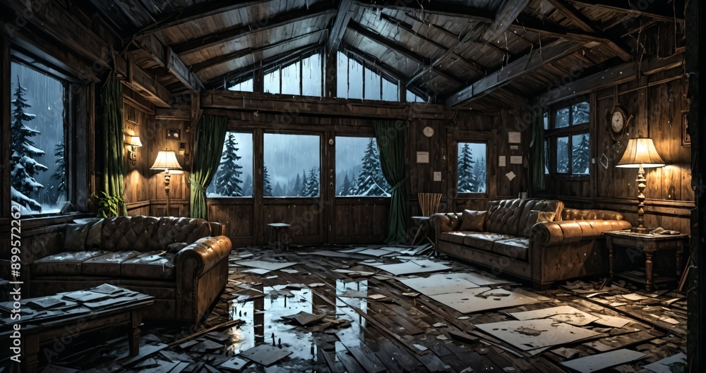 abandoned old ski lodge resort interior cabin in the forest snowy mountains in winter with snow on pine trees. ransacked arctic wooden log cottage house. abandoned old ski lodge resort interior cabin in the forest snowy mountains in winter with snow on pine trees. ransacked arctic wooden log cottage house.