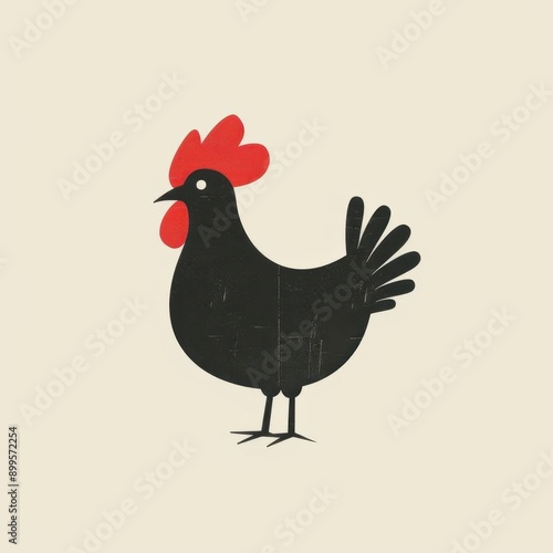 a minimal vector illustration of a chicken in a flat, bold style. The chicken should be black with a red comb and beak, and the background should be a light beige color. photo