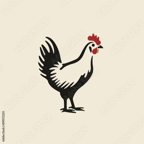 a minimalist logo of a chicken facing right in black and white, the chicken should have a red comb.