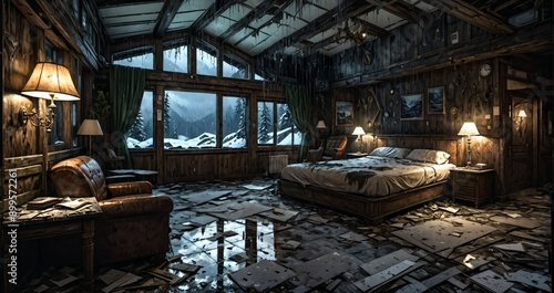 abandoned wooden cabin bedroom interior in the woods on  a rainy evening day night. ransacked wood log lodge overgrown cottage in the forest rain. © Shane Sparrow
