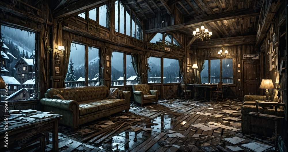 Fototapeta premium abandoned old ski lodge resort interior cabin in the forest snowy mountains in winter with snow on pine trees. ransacked arctic wooden log cottage house. 