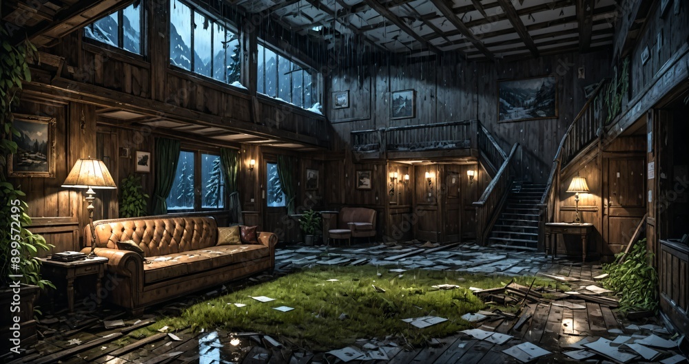 abandoned old ski lodge resort interior cabin in the forest snowy mountains in winter with snow on pine trees. ransacked arctic wooden log cottage house. abandoned old ski lodge resort interior cabin in the forest snowy mountains in winter with snow on pine trees. ransacked arctic wooden log cottage house.