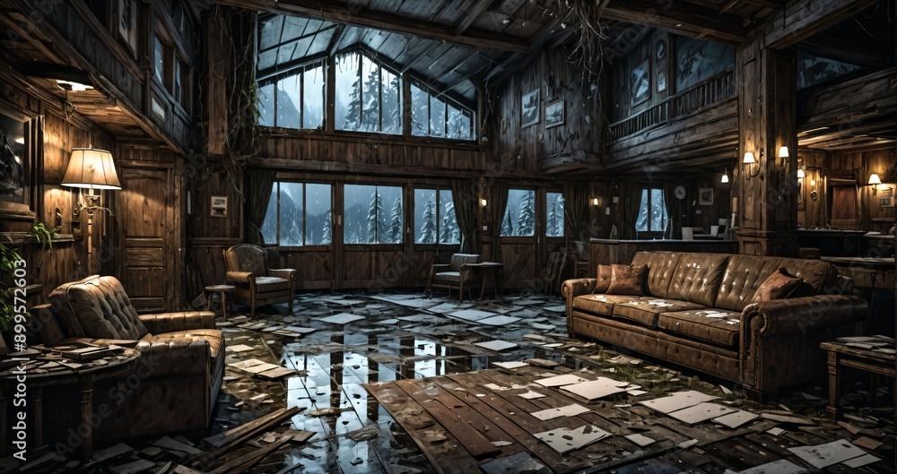 Fototapeta premium abandoned old ski lodge resort interior cabin in the forest snowy mountains in winter with snow on pine trees. ransacked arctic wooden log cottage house. 