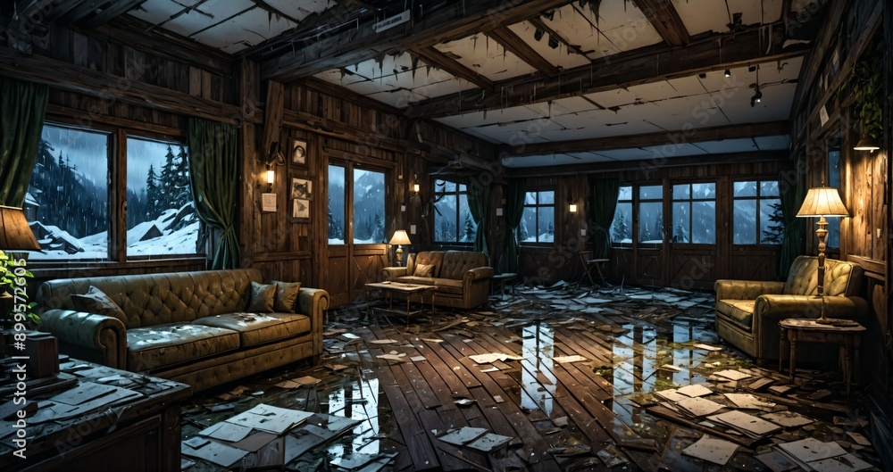 Fototapeta premium abandoned old ski lodge resort interior cabin in the forest snowy mountains in winter with snow on pine trees. ransacked arctic wooden log cottage house. 