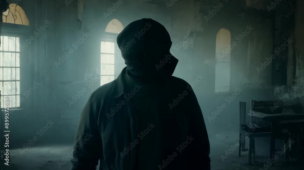 Masked individual inside abandoned location at night Masked individual inside abandoned location at night