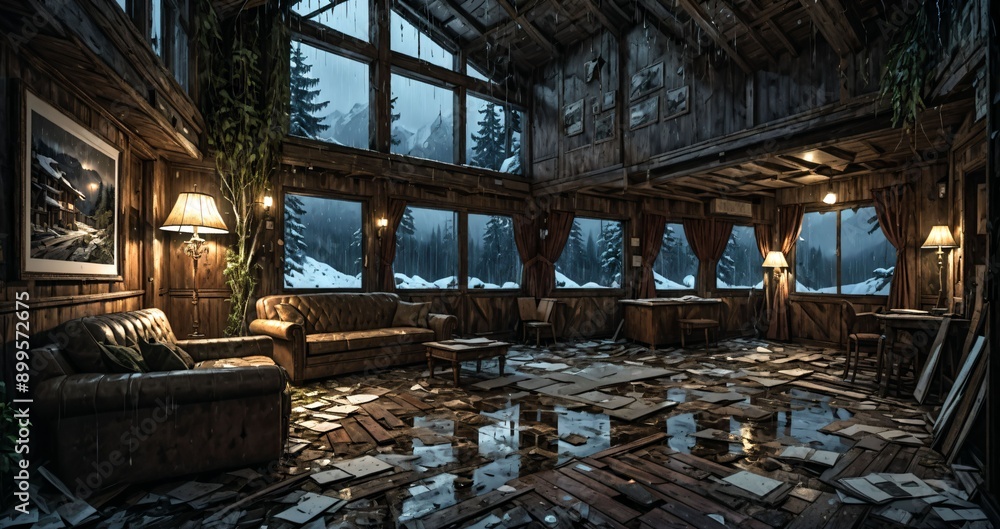 Fototapeta premium abandoned old ski lodge resort interior cabin in the forest snowy mountains in winter with snow on pine trees. ransacked arctic wooden log cottage house. 