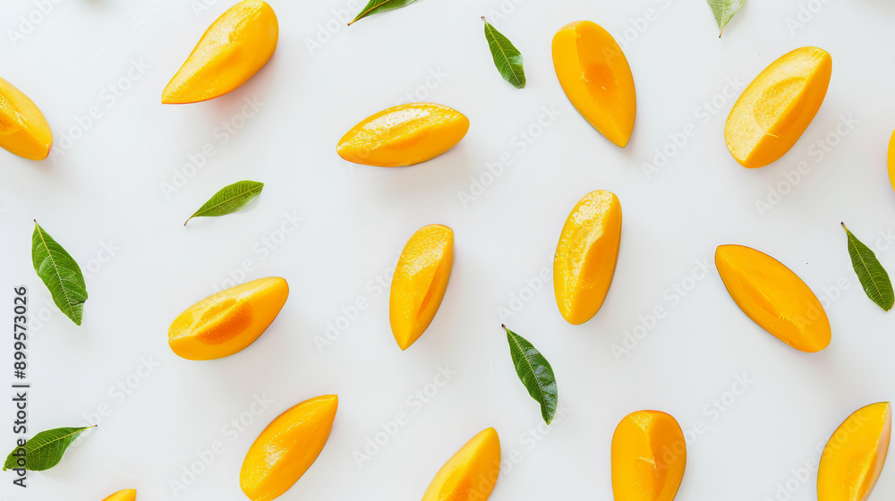 Slices of ripe, juicy mangoes and green leaves carefully arranged on a bright white background, creating a refreshing, tropical, and minimalistic vibe. Slices of ripe, juicy mangoes and green leaves carefully arranged on a bright white background, creating a refreshing, tropical, and minimalistic vibe.