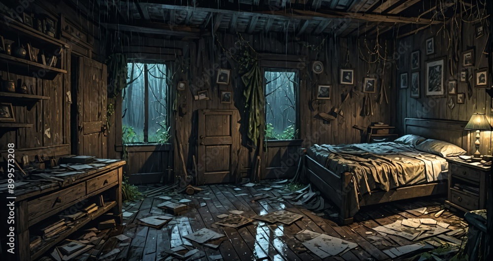 Obraz premium abandoned wooden cabin bedroom interior in the woods on a rainy evening day night. ransacked wood log lodge overgrown cottage in the forest rain.