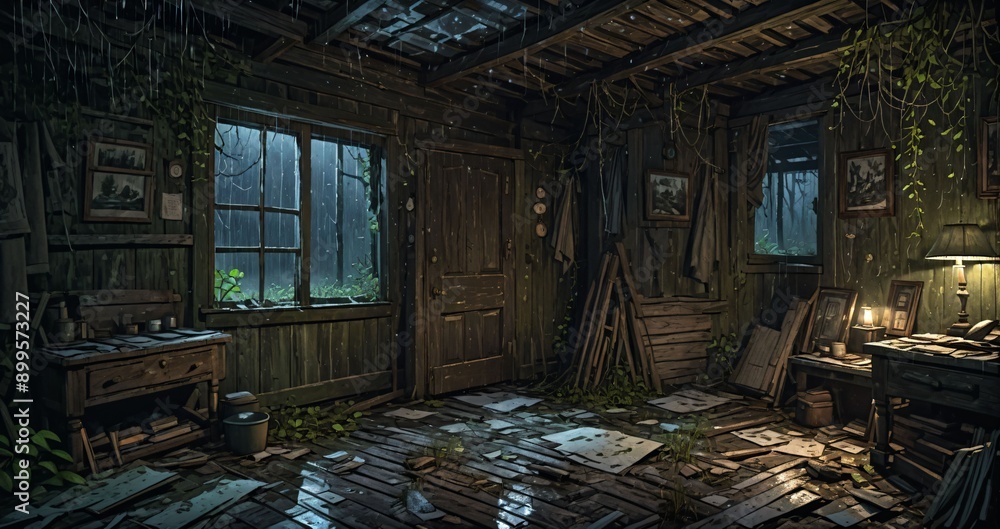 old abandoned wooden cabin ransacked lodge on a rainy summer spring evening. old abandoned wooden cabin ransacked lodge on a rainy summer spring evening.
