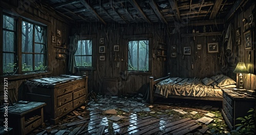 abandoned wooden cabin bedroom interior in the woods on a rainy evening day night. ransacked wood log lodge overgrown cottage in the forest rain.