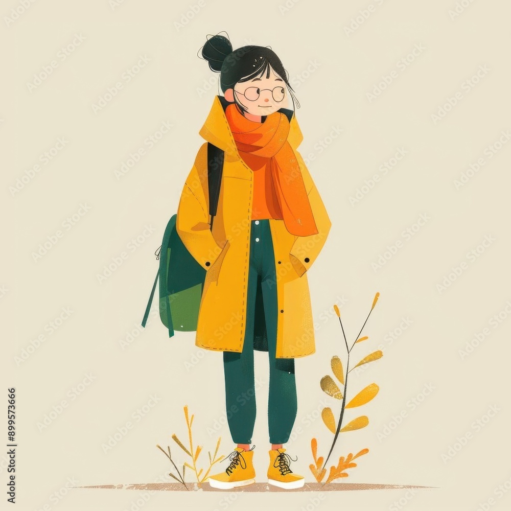 A young girl with a bright smile and a yellow raincoat stands in a field of flowers. She is wearing a blue scarf and carrying a backpack. A young girl with a bright smile and a yellow raincoat stands in a field of flowers. She is wearing a blue scarf and carrying a backpack.