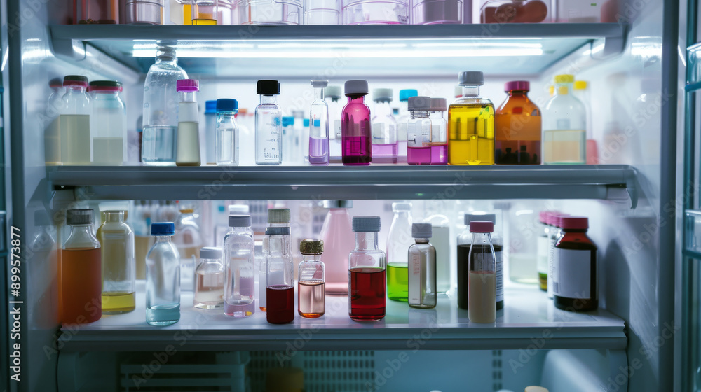 A lab fridge meticulously stocked with numerous chemical bottles in an array of colors, demonstrating an ordered and well-maintained environment. A lab fridge meticulously stocked with numerous chemical bottles in an array of colors, demonstrating an ordered and well-maintained environment.