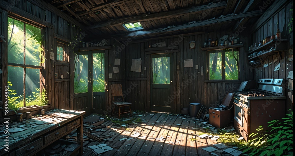 abandoned cabin house in the woods. wooden log lodge interior in the forest on a sunny summer day with sun rays through windows in nature. abandoned cabin house in the woods. wooden log lodge interior in the forest on a sunny summer day with sun rays through windows in nature.
