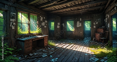 abandoned cabin house in the woods. wooden log lodge interior in the forest on a sunny summer day with sun rays through windows in nature.