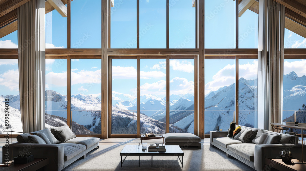 Fototapeta premium A luxurious, modern living room with floor-to-ceiling windows reveals a breathtaking panoramic view of snow-capped mountains under a clear blue sky.