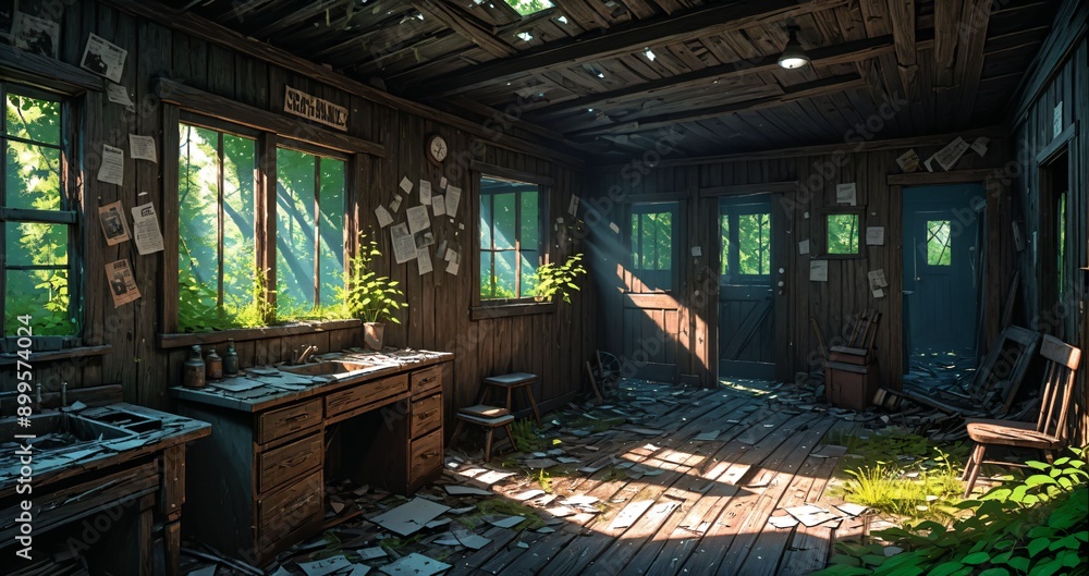 abandoned cabin house in the woods. wooden log lodge interior in the forest on a sunny summer day with sun rays through windows in nature. abandoned cabin house in the woods. wooden log lodge interior in the forest on a sunny summer day with sun rays through windows in nature.