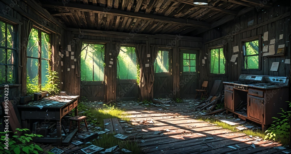 abandoned cabin house in the woods. wooden log lodge interior in the forest on a sunny summer day with sun rays through windows in nature. abandoned cabin house in the woods. wooden log lodge interior in the forest on a sunny summer day with sun rays through windows in nature.