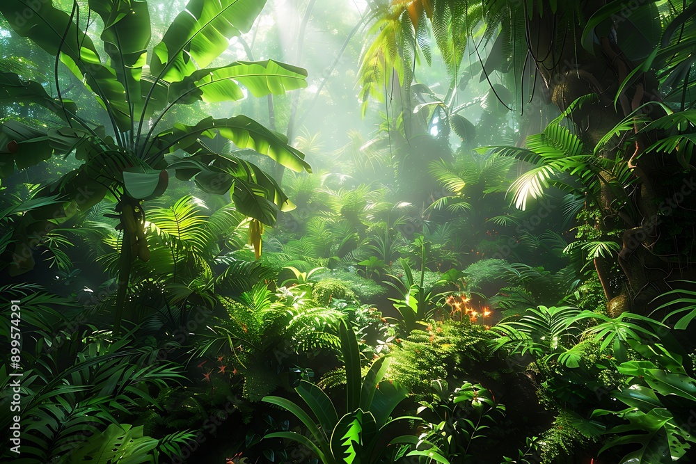 A dense, green forest with sunlight streaming through the canopy, highlighting the lush undergrowth and variety of plants on the forest floor. A dense, green forest with sunlight streaming through the canopy, highlighting the lush undergrowth and variety of plants on the forest floor.