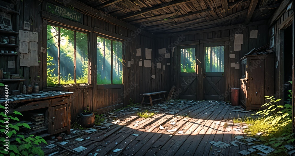 abandoned cabin house in the woods. wooden log lodge interior in the forest on a sunny summer day with sun rays through windows in nature. abandoned cabin house in the woods. wooden log lodge interior in the forest on a sunny summer day with sun rays through windows in nature.