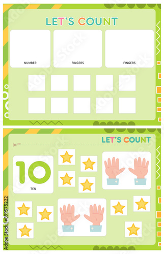 My first busy book – learning count and numbers. Cut number 10, stars, fingers and paste (glue) them in right place. Activity worksheet for toddlers. Matching game. Vector illustration. photo