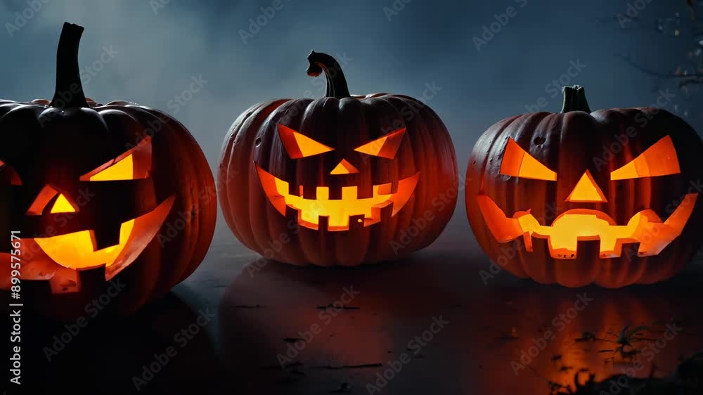 Halloween pumpkins displayed at night with eerie glow and spooky expressions Halloween pumpkins displayed at night with eerie glow and spooky expressions