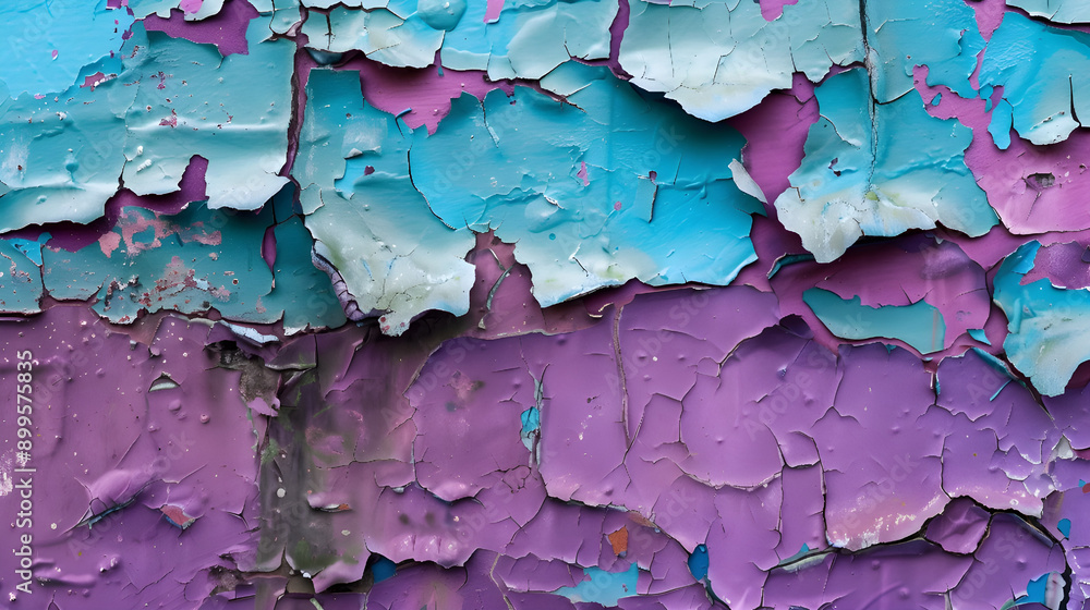 Abstract image featuring a close-up of peeling paint on a surface. The paint have vibrant, contrasting colors, such as bright purple and deep blue, with some areas revealing a hint of green underneath Abstract image featuring a close-up of peeling paint on a surface. The paint have vibrant, contrasting colors, such as bright purple and deep blue, with some areas revealing a hint of green underneath