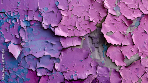 Abstract image featuring a close-up of peeling paint on a surface. The paint have vibrant, contrasting colors, such as bright purple and deep blue, with some areas revealing a hint of green underneath photo